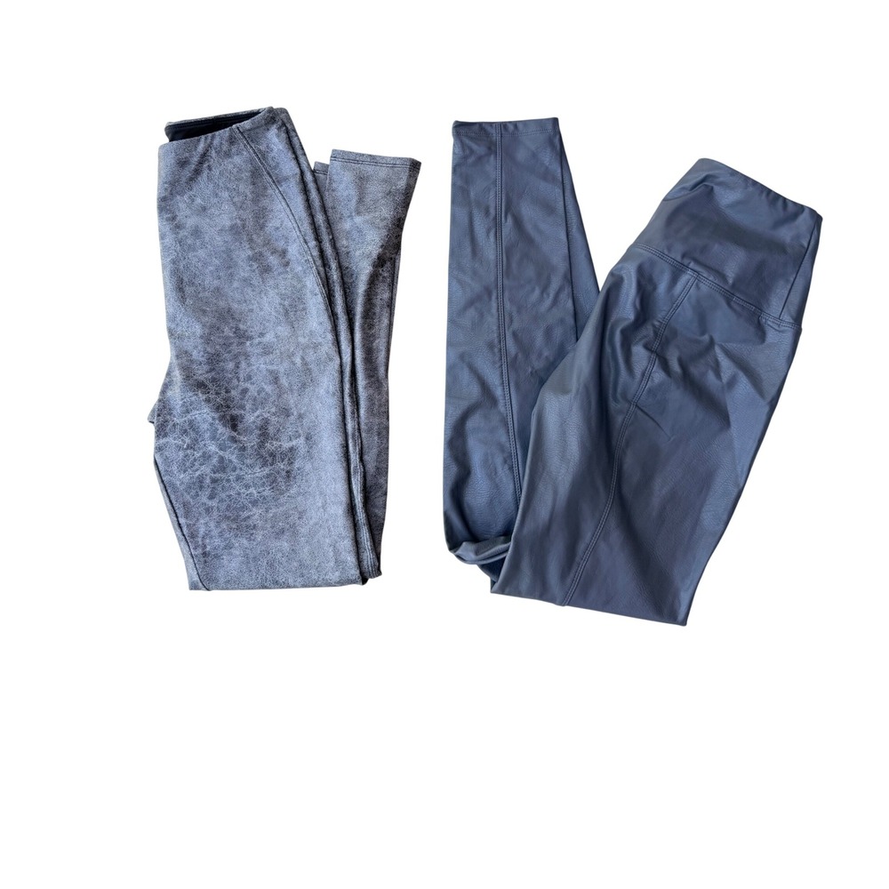 2 Pc Lysse Faux Leather Leggings Bundle‎ Sz S Silver Crackle Grey Vegan Moto